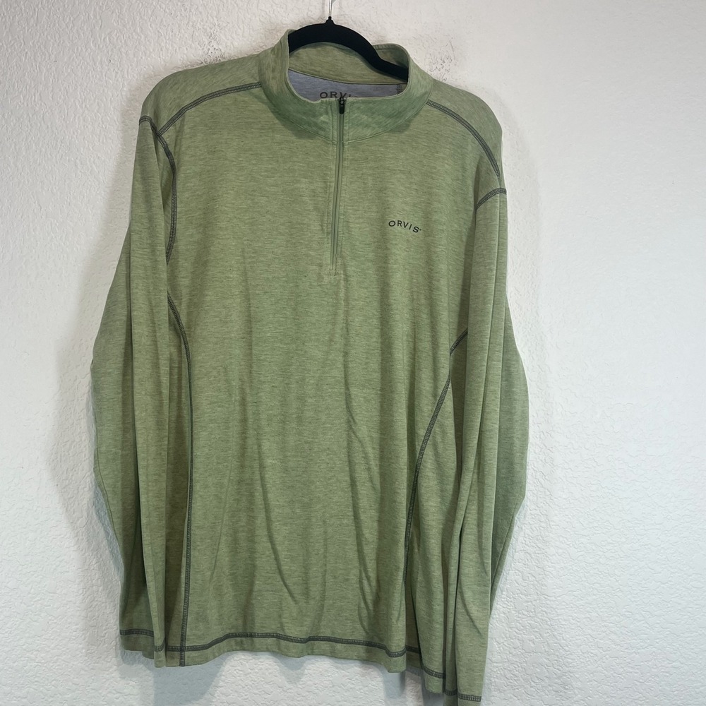 Orvis Shirt Mens XL Green Athletic Fit Mock Neck Quarter Zip Side Slit Hiking